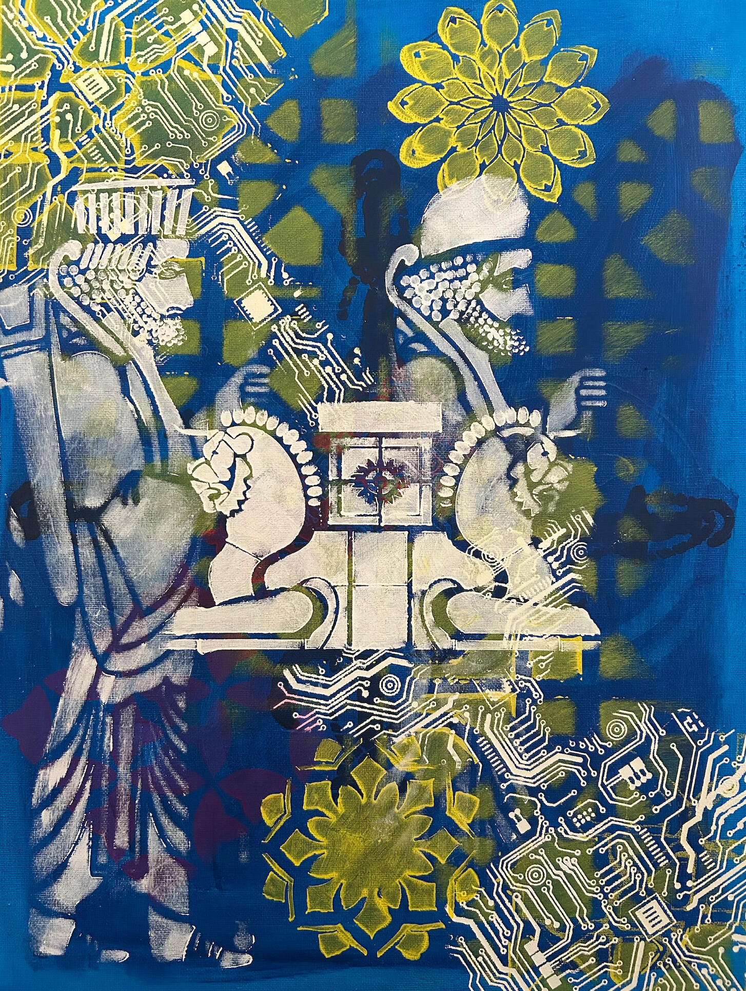 Learning Ribbon © 2025 Davar Ardalan. All Rights Reserved White canvas, black ribbon flowing through ornate shapes and circuit board stamping.