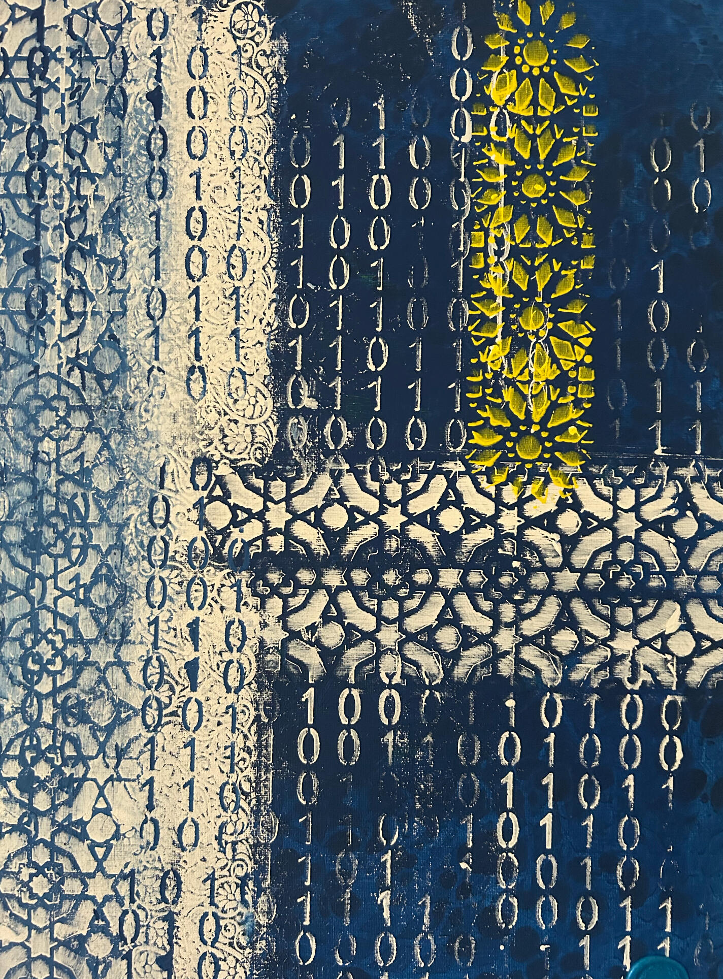 Learning Ribbon © 2025 Davar Ardalan. All Rights Reserved White canvas, black ribbon flowing through ornate shapes and circuit board stamping.