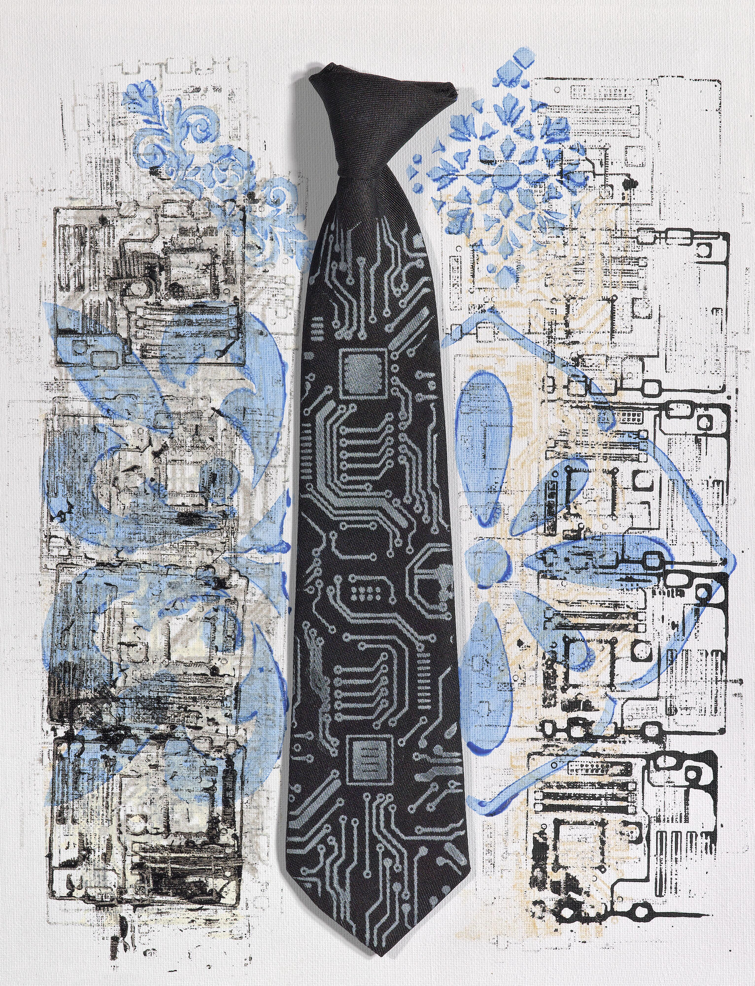 Neural Tie © 2025 Davar Ardalan. All Rights Reserved. Image of a black tie covered with circuit boards and surrounded by stamped circuits.