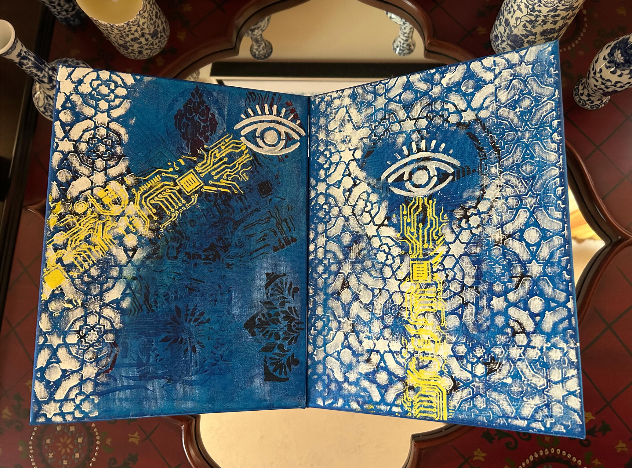 Learning Ribbon © 2025 Davar Ardalan. All Rights Reserved White canvas, black ribbon flowing through ornate shapes and circuit board stamping.