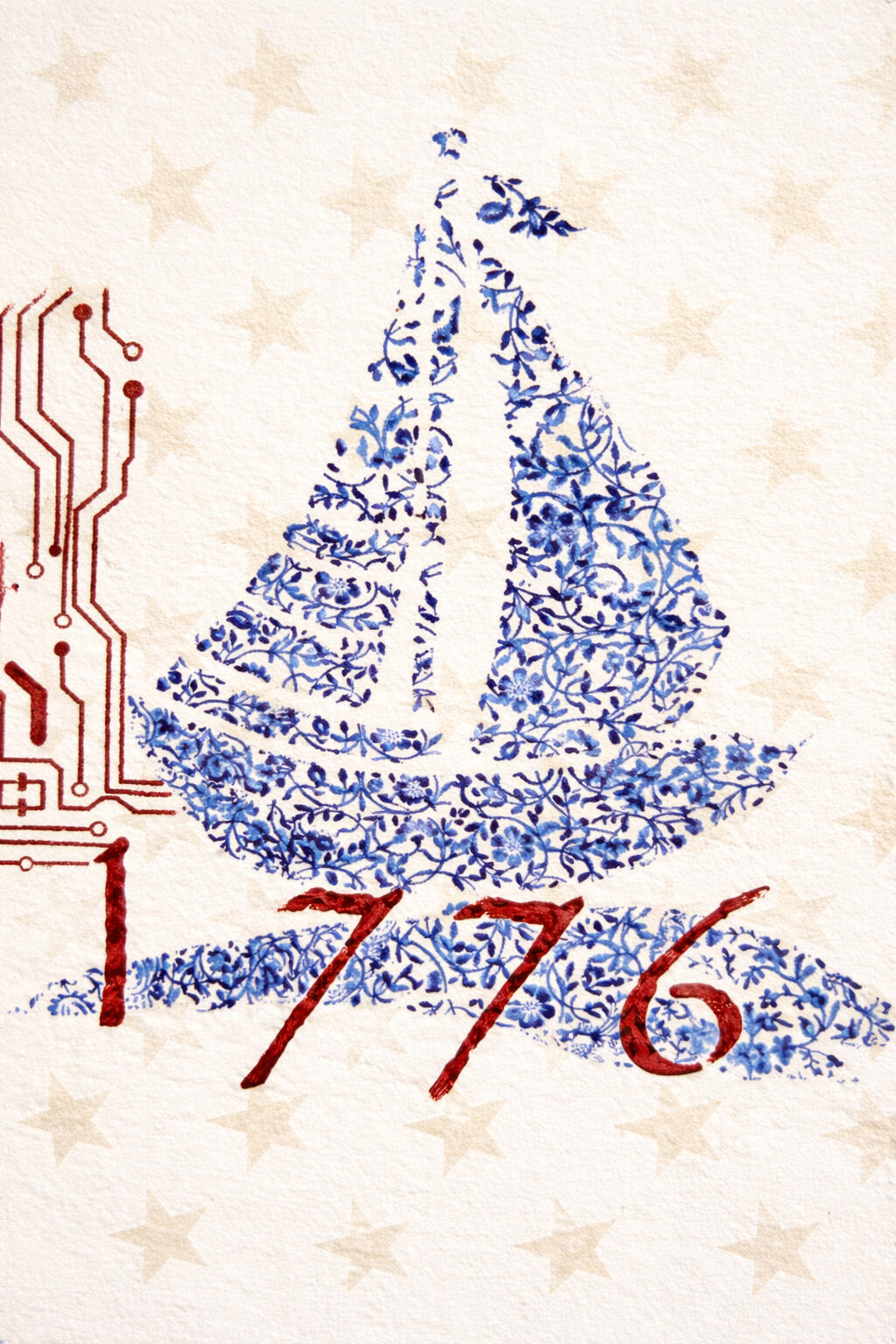 White canvas, black ribbon flowing through ornate shapes and circuit board stamping.